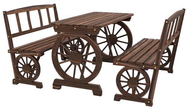Set Tavolo e 2 Panchine da Giardino in Legno di Pino