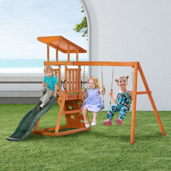 Set con Scivolo 2 Altalene da Giardino e Parete da Arrampicata per Bambini 261x269x228 cm in Legno