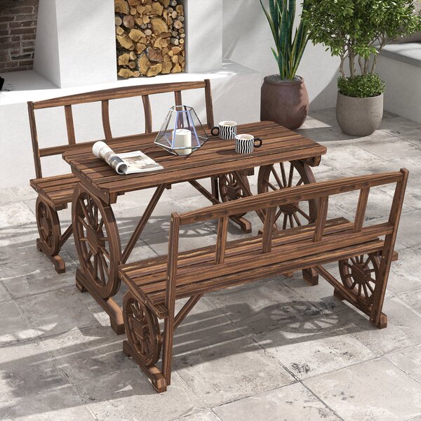 Set Tavolo e 2 Panchine da Giardino in Legno di Pino