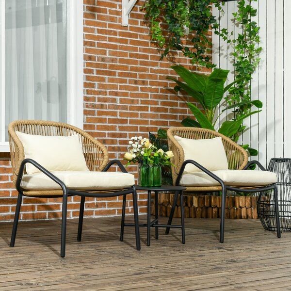 Set Tavolino e 2 Poltrone da Giardino con Braccioli e Cuscini in Acciaio e Rattan PE Crema