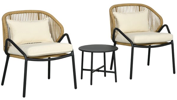 Set Tavolino e 2 Poltrone da Giardino con Braccioli e Cuscini in Acciaio e Rattan PE Crema
