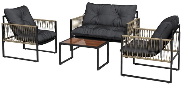 Set Salotto da Giardino Divano 2 Poltrone e Tavolino in Acciaio Poliestere e Rattan Grigio e Marrone