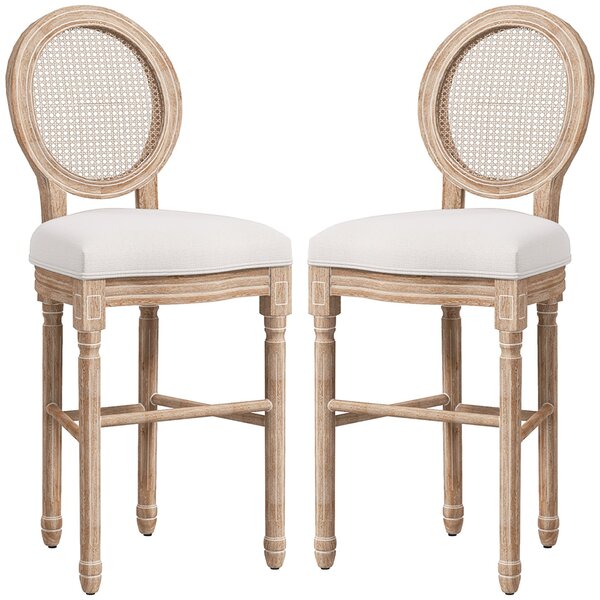 Set 2 Sgabelli da Bar con Schienale Cuscini e Poggiapiedi 48x56x118 cm in Legno e Poliestere Crema