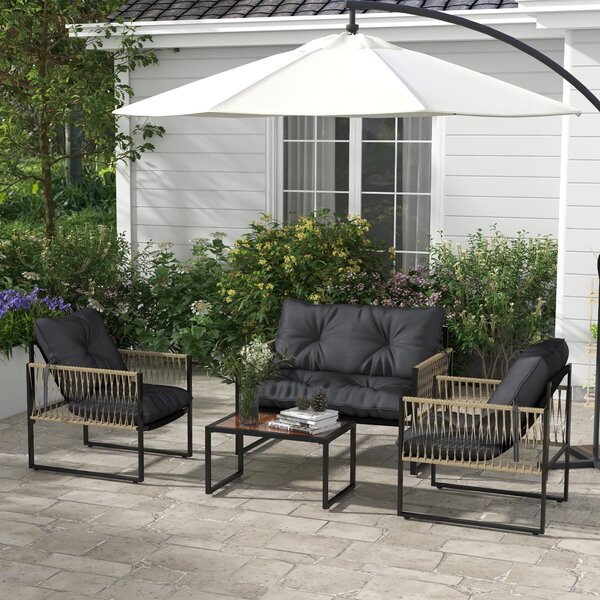 Set Salotto da Giardino Divano 2 Poltrone e Tavolino in Acciaio Poliestere e Rattan Grigio e Marrone