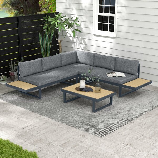 Set Salotto da Giardino Divano Angolare e Tavolino da Caffè Grigio e Teak