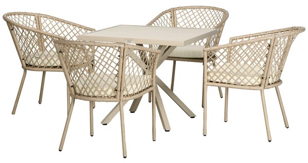 Set Tavolo e 4 Poltrone da Giardino con Cuscini in Acciaio e Rattan PE Cachi