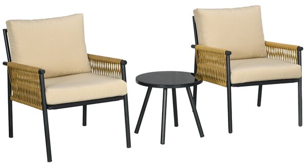Set Tavolino e 2 Poltroncine con Cuscini da Giardino in Rattan PE Acciaio e Poliestere Beige