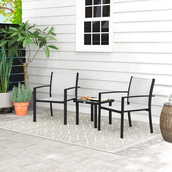 Set Tavolino con Piano in Vetro e 2 Sedie Impilabili da Giardino in Acciaio e Tessuto Grigio Chiaro