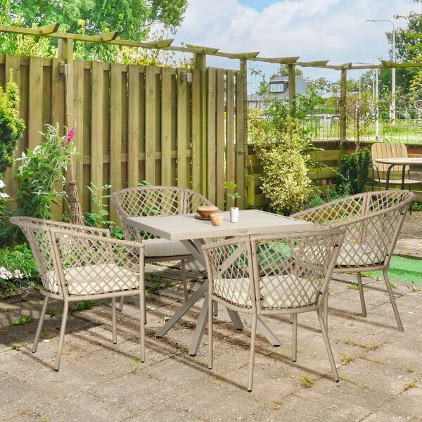 Set Tavolo e 4 Poltrone da Giardino con Cuscini in Acciaio e Rattan PE Cachi