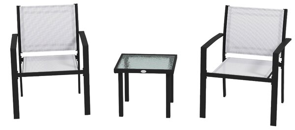 Set Tavolino con Piano in Vetro e 2 Sedie Impilabili da Giardino in Acciaio e Tessuto Grigio Chiaro