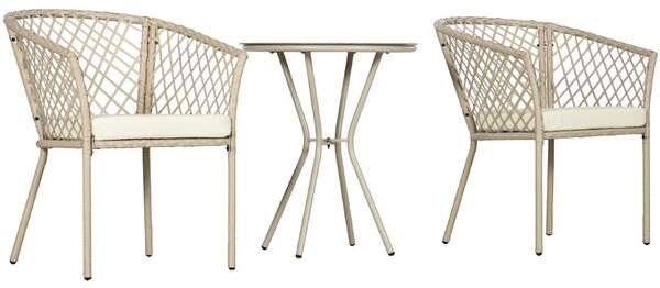 Set Tavolino con Piano in Vetro e 2 Poltrone da Giardino in Rattan PE Acciaio e Poliestere Cachi