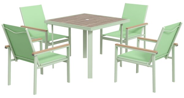 Set Tavolo e 4 Sedie con Braccioli da Giardino in Tessuto a Rete e Acciaio Verde