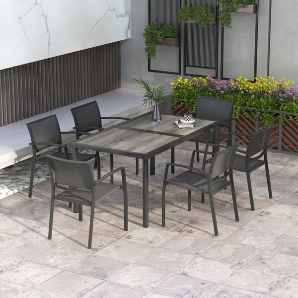 Set Tavolo e 6 Sedie Impilabili da Giardino in Tessuto a Rete e Tavolo Effetto Legno Grigio