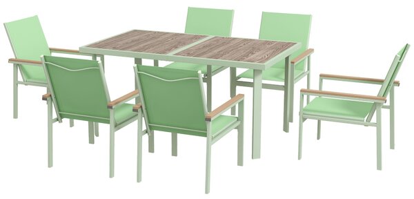 Set Tavolo e 6 Sedie con Braccioli da Giardino in Tessuto a Rete e Acciaio Verde