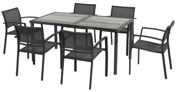 Set Tavolo e 6 Sedie Impilabili da Giardino in Tessuto a Rete e Tavolo Effetto Legno Grigio