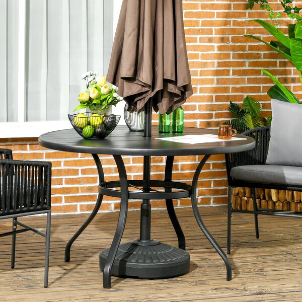 Tavolo da Giardino Rotondo per 4 Persone Ø115x72cm con Foro per Ombrellone e Doghe in Metallo Nero