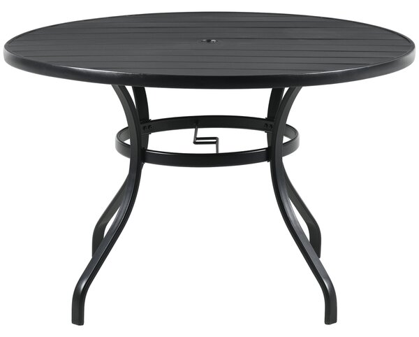 Tavolo da Giardino Rotondo per 4 Persone Ø115x72cm con Foro per Ombrellone e Doghe in Metallo Nero