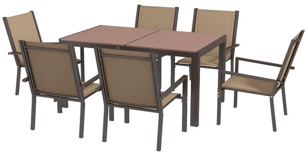 Set Tavolo e 6 Sedie Impilabili da Giardino in Plastica Cachi e Marrone