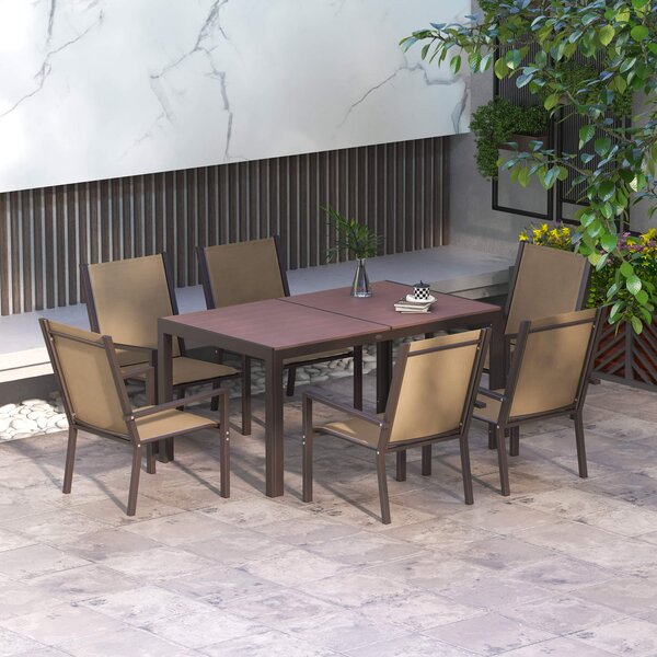 Set Tavolo e 6 Sedie Impilabili da Giardino in Plastica Cachi e Marrone