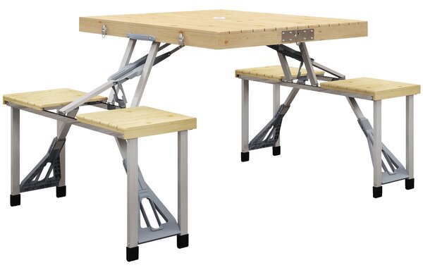 Tavolo da Picnic Pieghevole con Sgabelli Integrati e Foro per Ombrellone in Alluminio e Legno