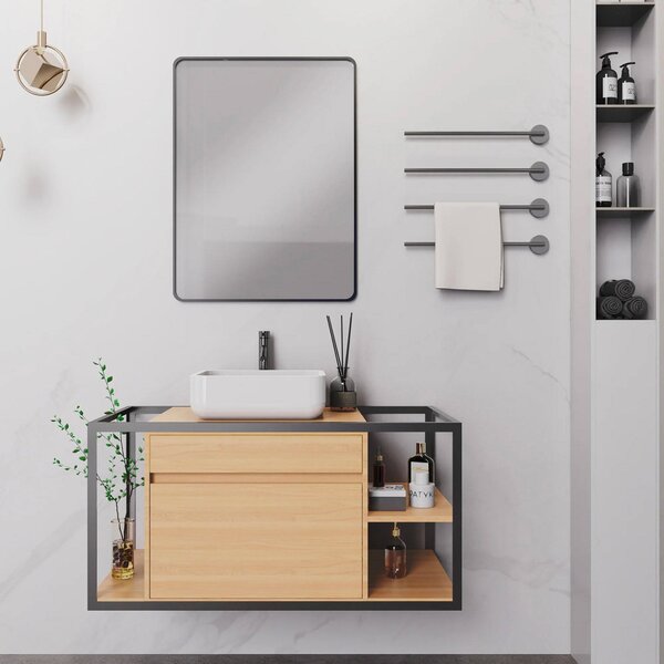 Mobile Bagno Sospeso 100 cm Lavabo e Specchio Berlin Rovere e Nero