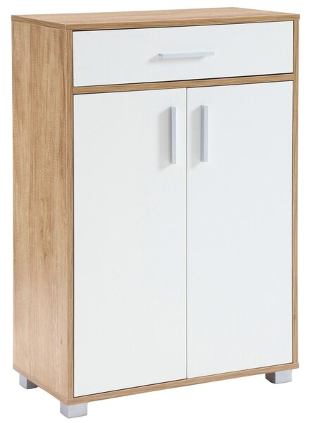 Scarpiera Mobile Salvaspazio 2 Ante 1 Cassetto 63x33x95h cm in Melaminico Venato a Rilievo Rovere e Bianco