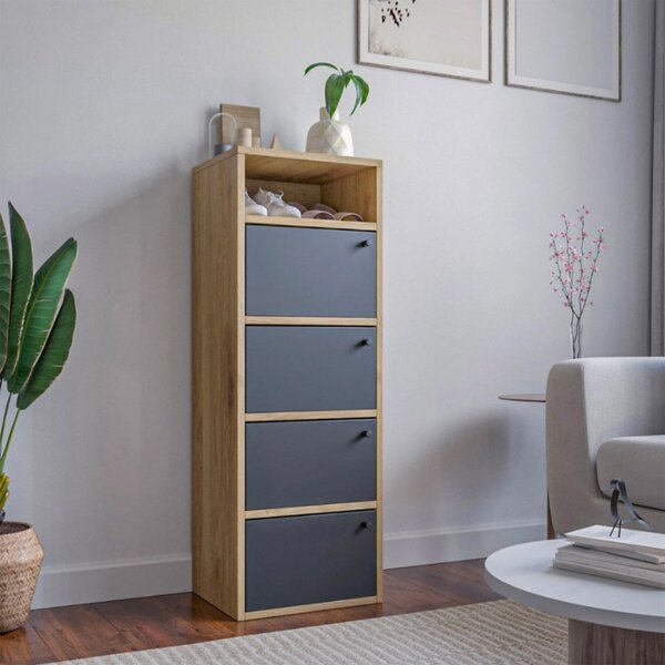 Scarpiera Salvaspazio 4 Ante 42x33x118h cm in Melaminico Venato a Rilievo Rovere e Nero