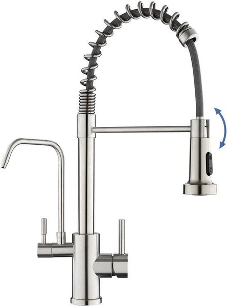 Rubinetto da cucina con filtro, alta pressione dell'acqua, orientabile a 360°, acciaio inossidabile, valvola di scarico a doppio passaggio, set di montaggio a braccio singolo