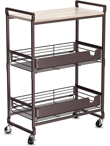 Carrello da Cucina 3 Ripiani con Ruote e 2 Cesti Portaoggetti 65x33x91cm Bronzo