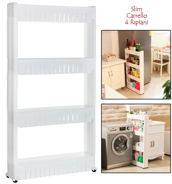 Carrello Carrellino Slim Salvaspazio Cucina Bagno Ripostiglio 4 Ripiani e 4Ruote