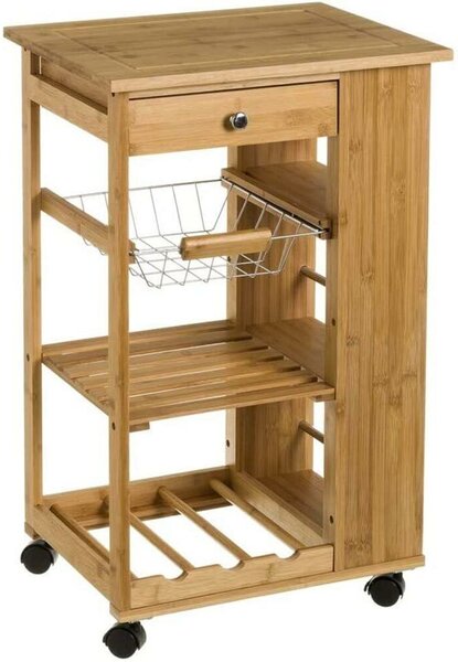 Carrello Cucina legno Bambu Cassetto Cestello Portabottiglie 3 Ripiani Laterali
