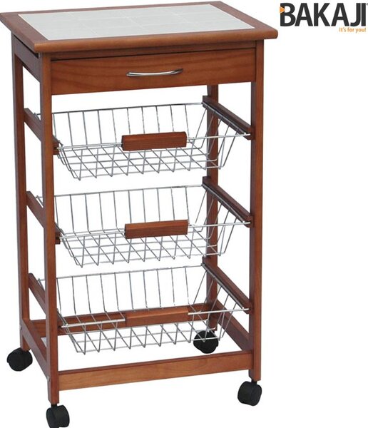 Carrello Cucina in legno 3 Cestelli Acciaio e Ripiano 12 Mattonelle in Ceramica
