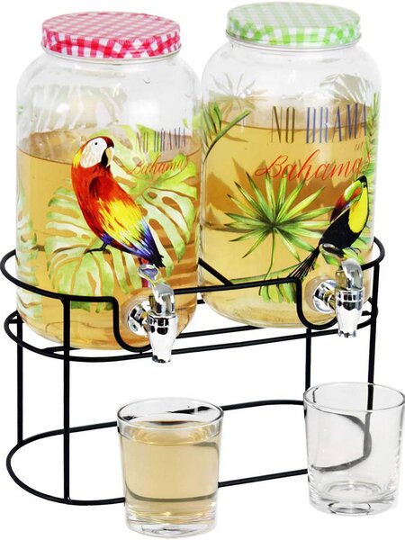 Dispenser Bibite con Rubinetto In Vetro 2 x 3Lt Erogatore Acqua Bevande Con Stand