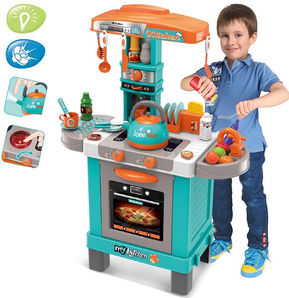 Cucina Giocattolo Bambini Luci Suoni e Bollitore Funzionante 29 Accessori Azzurro