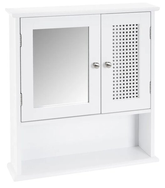 Mobile a Muro da Bagno Pensile con Griglia e Specchio Legno Bianco 56x13x58H cm