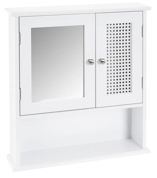 Mobile a Muro da Bagno Pensile con Griglia e Specchio Legno Bianco 56x13x58H cm
