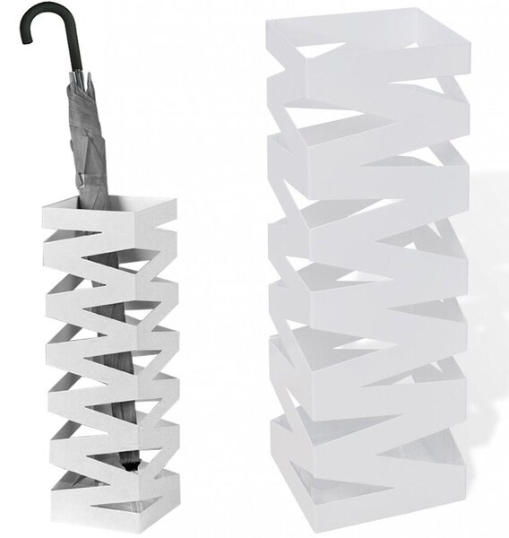 Portaombrelli in Metallo Design Quadrato Stand Bianco Vaschetta Salvagoccia