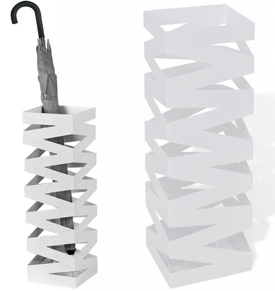 Portaombrelli in Metallo Design Quadrato Stand Bianco Vaschetta Salvagoccia