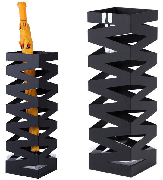 Portaombrelli in Metallo Design Quadrato Stand Nero Vaschetta Salvagoccia