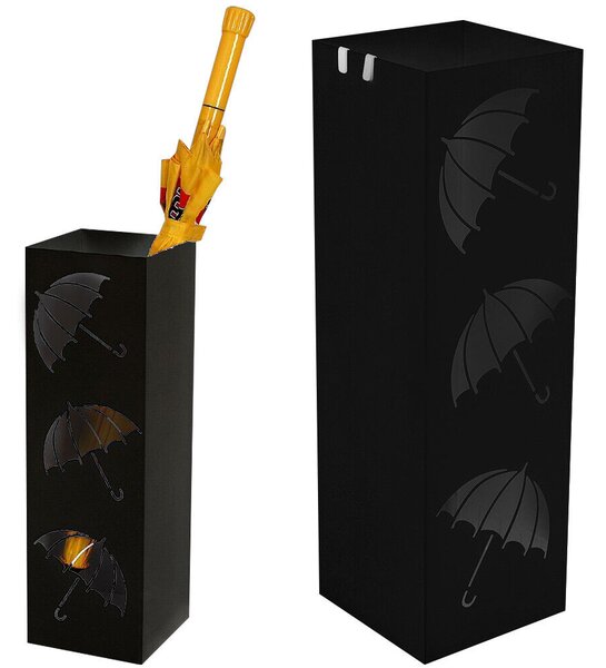 Portaombrelli in Metallo Design Quadrato Stand Nero Vaschetta Salvagoccia