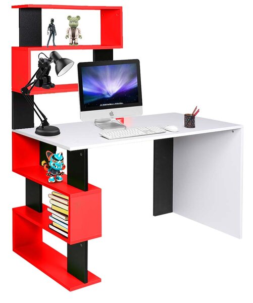 Scrivania Libreria 7 Ripiani Tavolo Porta Pc Computer Legno Casa Ufficio Rosso