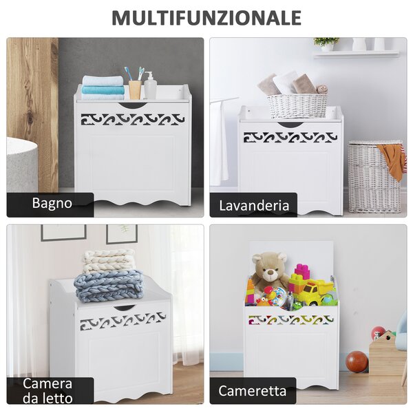 Homcom Mobiletto in Legno Portabiancheria Bianco con Decoro Intagliato 55 x 34 x 58 cm|Aosom