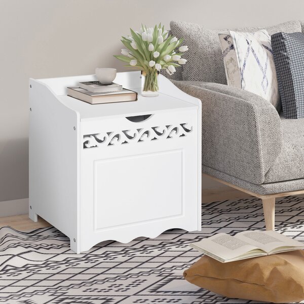 Homcom Mobiletto in Legno Portabiancheria Bianco con Decoro Intagliato 55 x 34 x 58 cm|Aosom