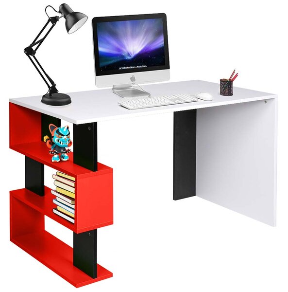 Scrivania Libreria 3 Ripiani Tavolo Porta Pc Computer Legno Casa Ufficio Rosso