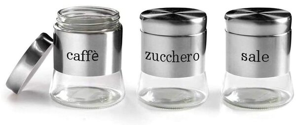 Set 3 Barattoli Porta Caffè Zucchero Sale Metallo Acciaio 750ml Accessori Cucina