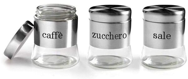 Set 3 Barattoli Porta Caffè Zucchero Sale Metallo Acciaio 750ml Accessori Cucina