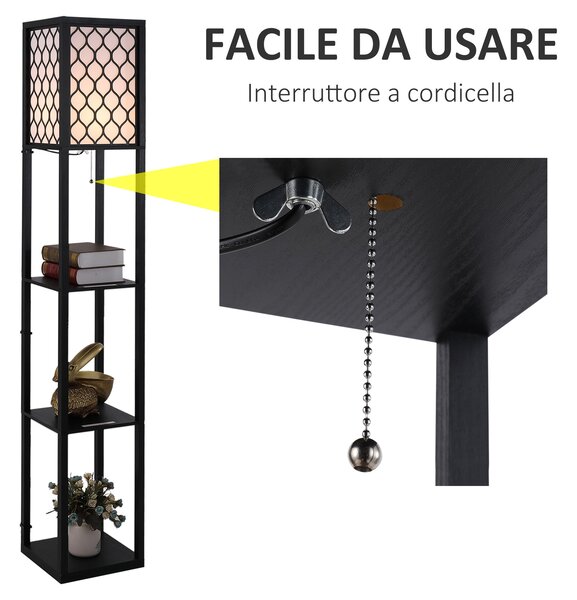HOMCOM Lampada Lampadina da Terra Salvaspazio con Ripiani Durevole Cotone, MDF 26 x 26 x 160 cm Nero, bianco
