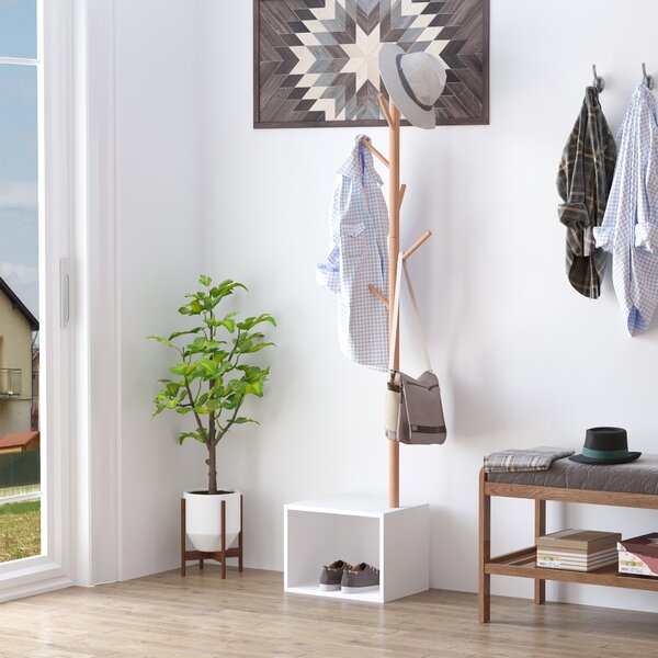 Homcom Appendiabiti con Panchina Cubo per Scarpe per Ingresso e Camera da Letto 6 Ganci, bambù Legno MDF, Bianco|Aosom