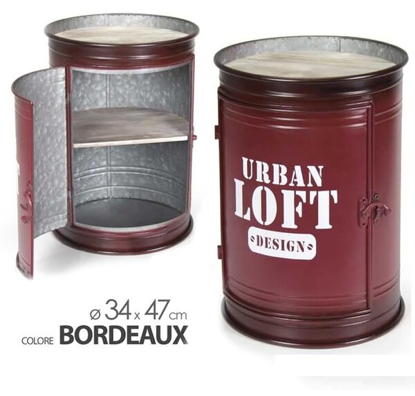 Tavolino Contenitore Bidone Tondo Struttura Metallo Bordeaux e Ripiani in Legno