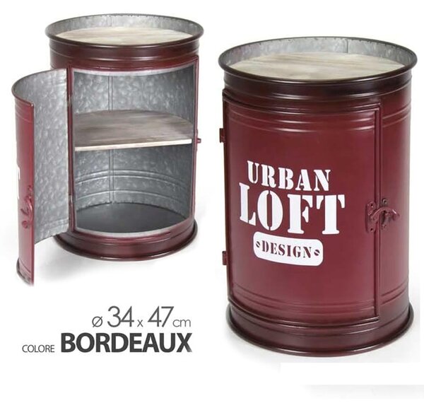 Tavolino Contenitore Bidone Tondo Struttura Metallo Bordeaux e Ripiani in Legno